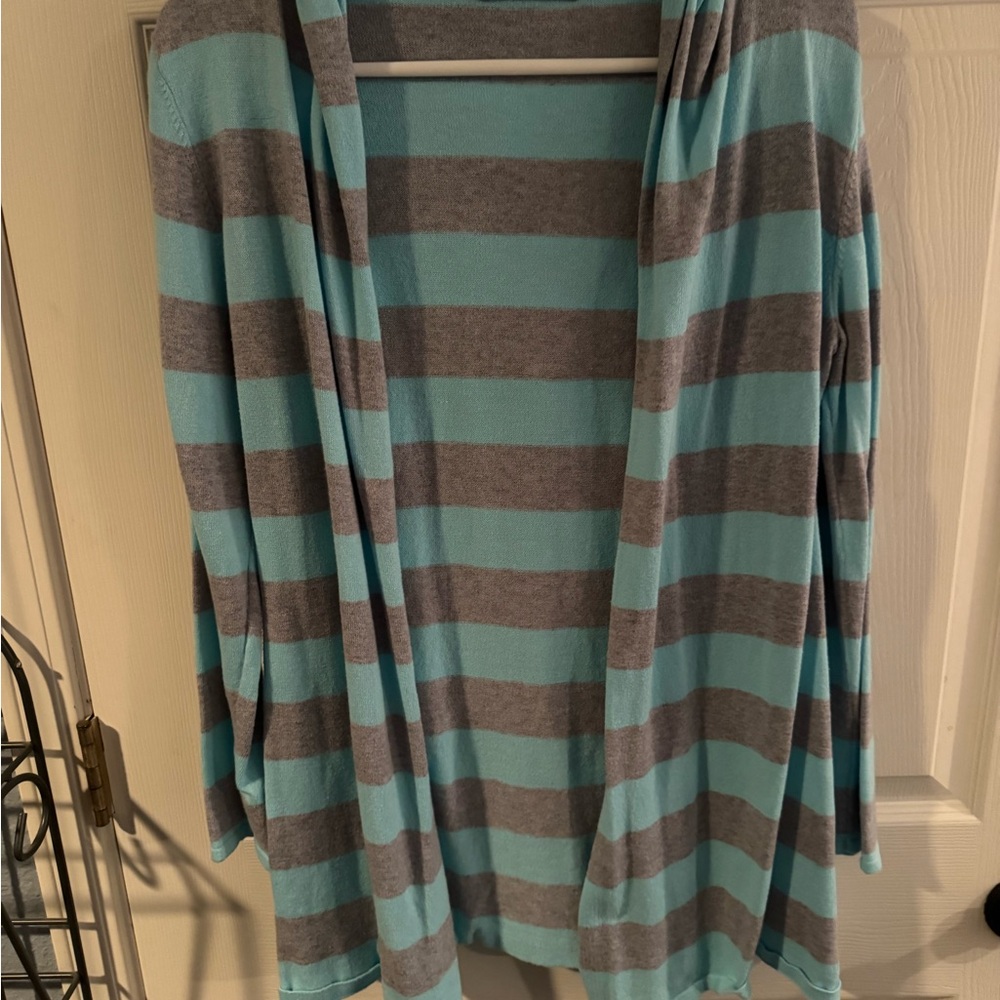 Caroline Grace Striped Open-Front Women’s Cardigan Sweater in Aqua and Gray, Med